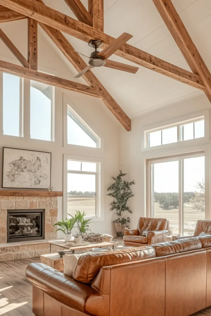 Rustic barndominium interior ideas showcasing exposed beams cozy living room with fireplace and leather furniture