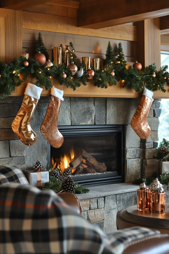 Rustic christmas color palette blending wooden beams stone fireplace and metallic decorations