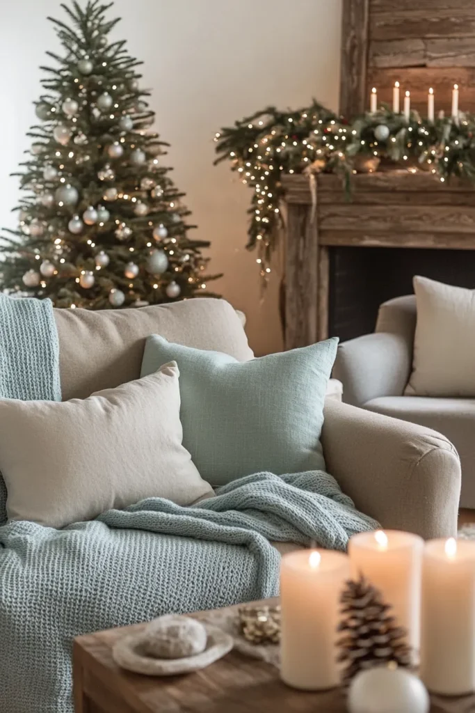 Rustic christmas color palette in action warm creams sage greens and powder blues in cozy setting