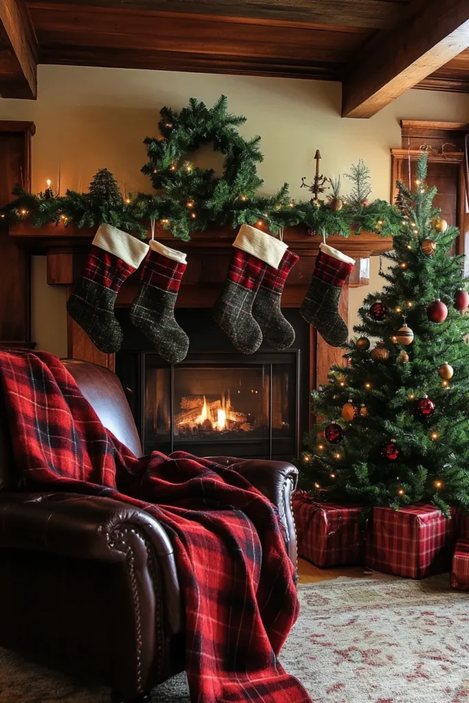 Rustic christmas color palette in living room with leather chair and wooden ornaments