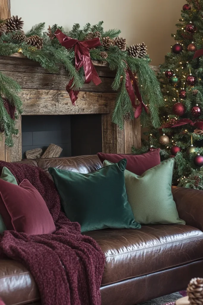 Rustic christmas color palette showcased in a farmhouse style room with garlands and tree