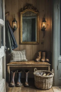 Rustic english country mudroom with reclaimed wood floors vintage accessories and practical storage in english country mudroom design