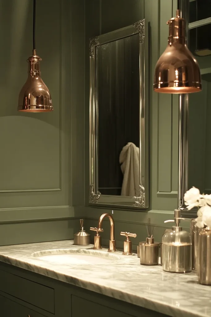 Sage green and blush bathroom design with gold faucets and a silver framed mirror