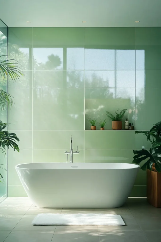 Sage green and blush bathroom with herringbone tile accents and sleek black fixtures for a stylish look