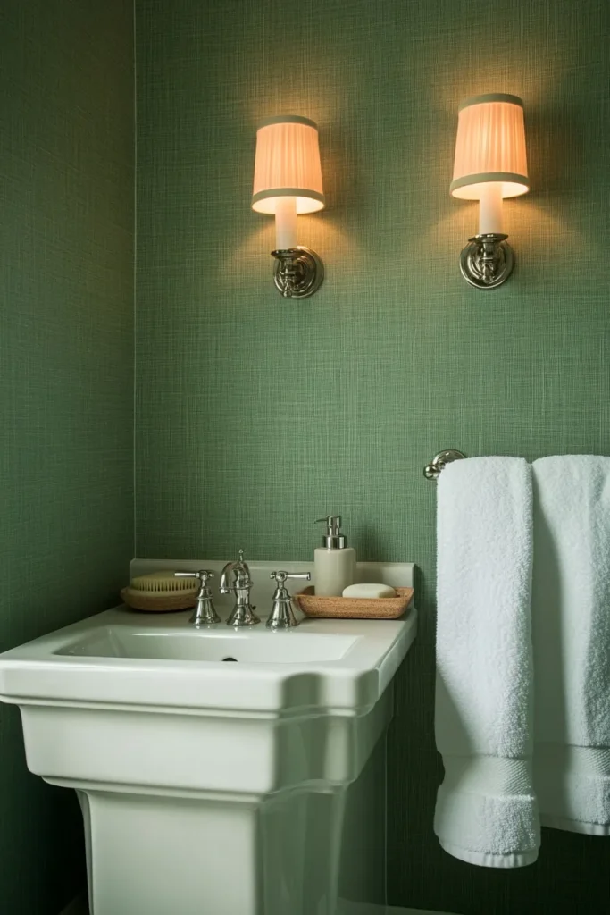 Sage green and blush bathroom with textured wallpaper and contrasting black fixtures