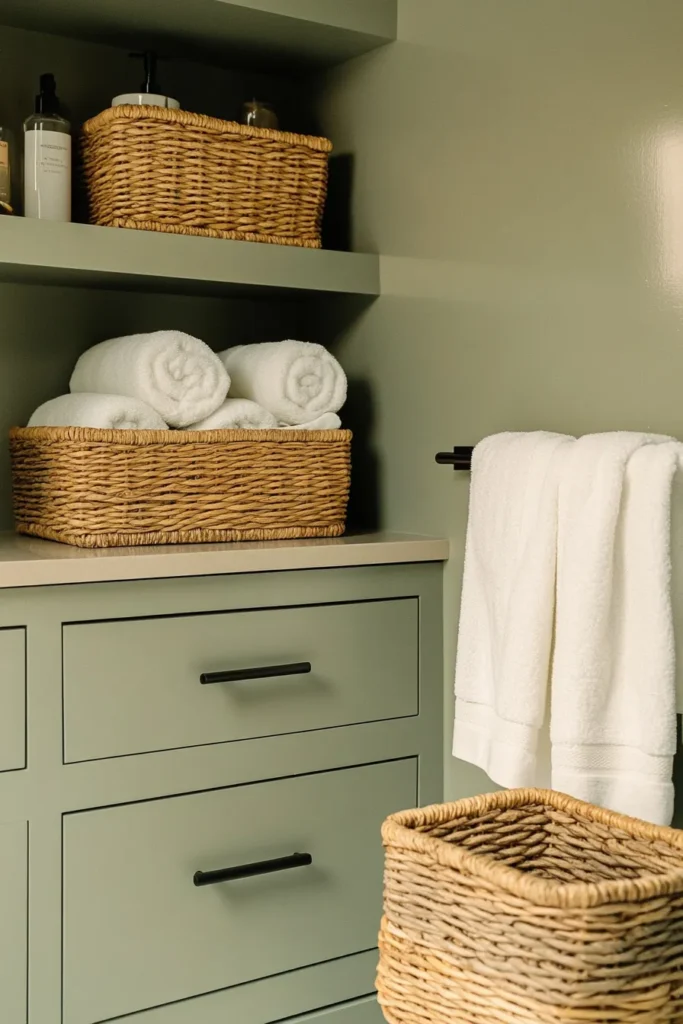 Sage green and blush bathroom with woven storage baskets and floating shelves for a boho look