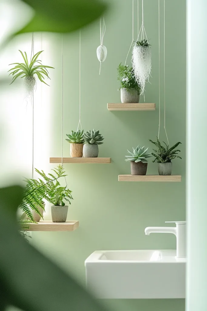 Sage green bathroom cabinets and herringbone tile floor with natural light and hanging plants