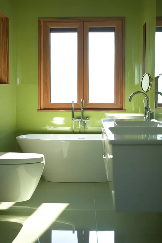 Sage green bathroom cabinets contrast with glossy white sink and toilet natural wood accents add warmth