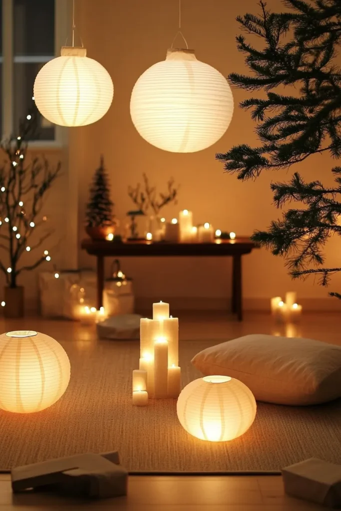 Serene Japandi Christmas living room with minimalist tree and subtle decor creating a warm cozy atmosphere