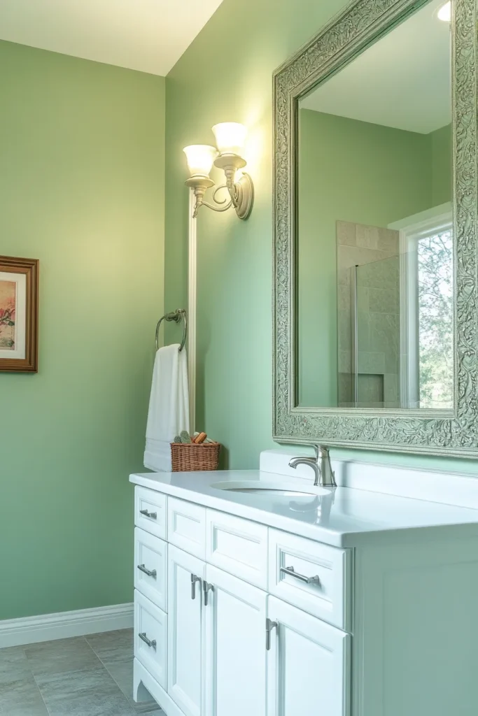 Serene bathroom with sage green walls and blush accents, showcasing a calming color palette