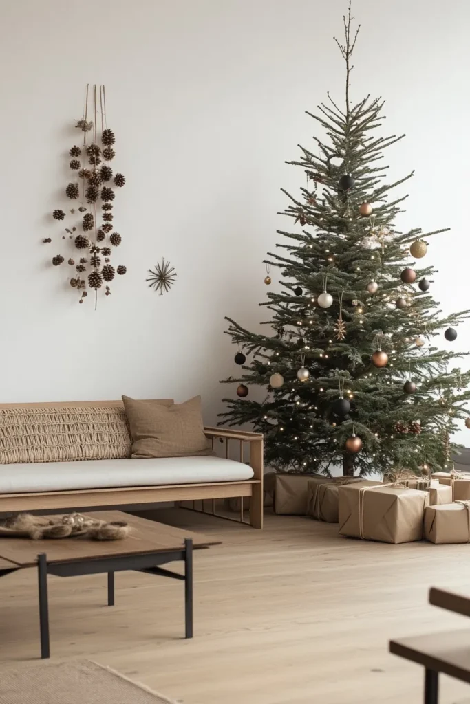 Serene japandi christmas decor with japandi christmas tree ambient lighting and balanced mix of textures