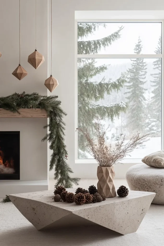 Serene japandi christmas living room with minimalist japandi christmas tree and natural decor elements