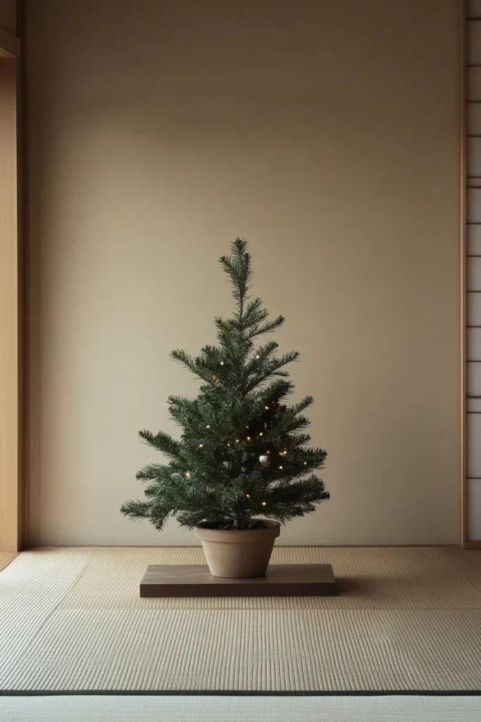 Serene japandi christmas scene featuring small potted tree and wreath japandi christmas decor emphasizes simplicity