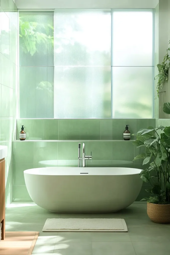 Serene light sage green bathroom with herringbone tile floor and white fixtures creates a spa like atmosphere