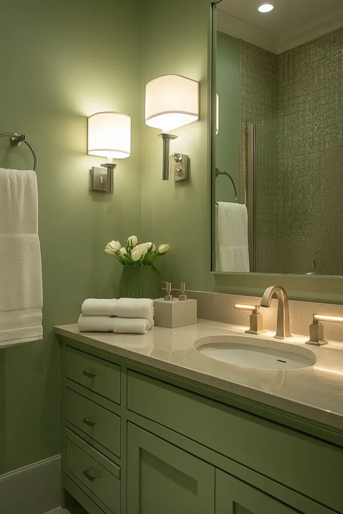 Serene light sage green bathroom with sage green bathroom cabinets and adjustable ambient lighting for a spa like atmosphere