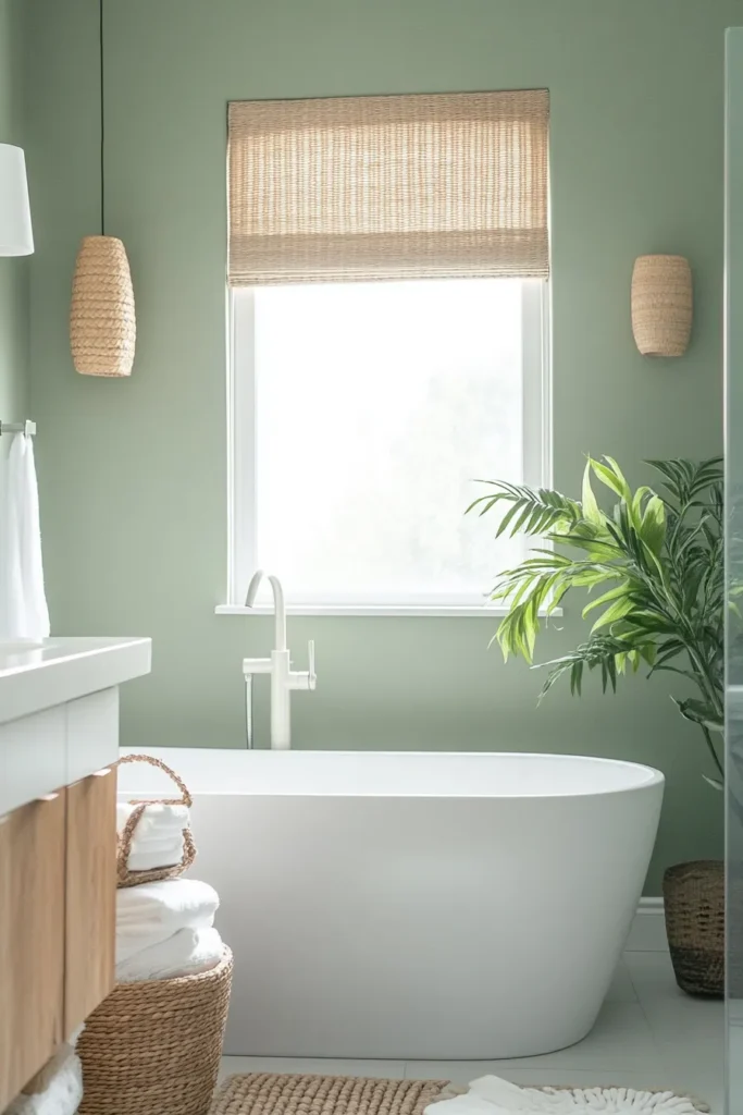 Serene light sage green bathroom with white fixtures and natural textures creating a calming atmosphere