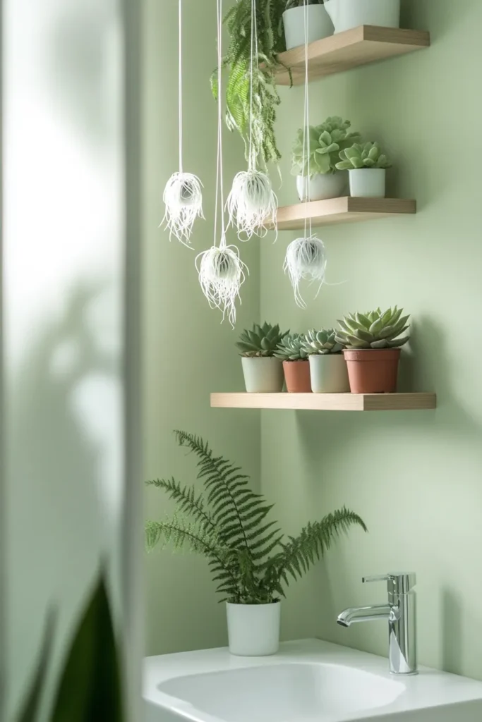 Serene light sage green bathroom with white fixtures and potted plants on floating shelves