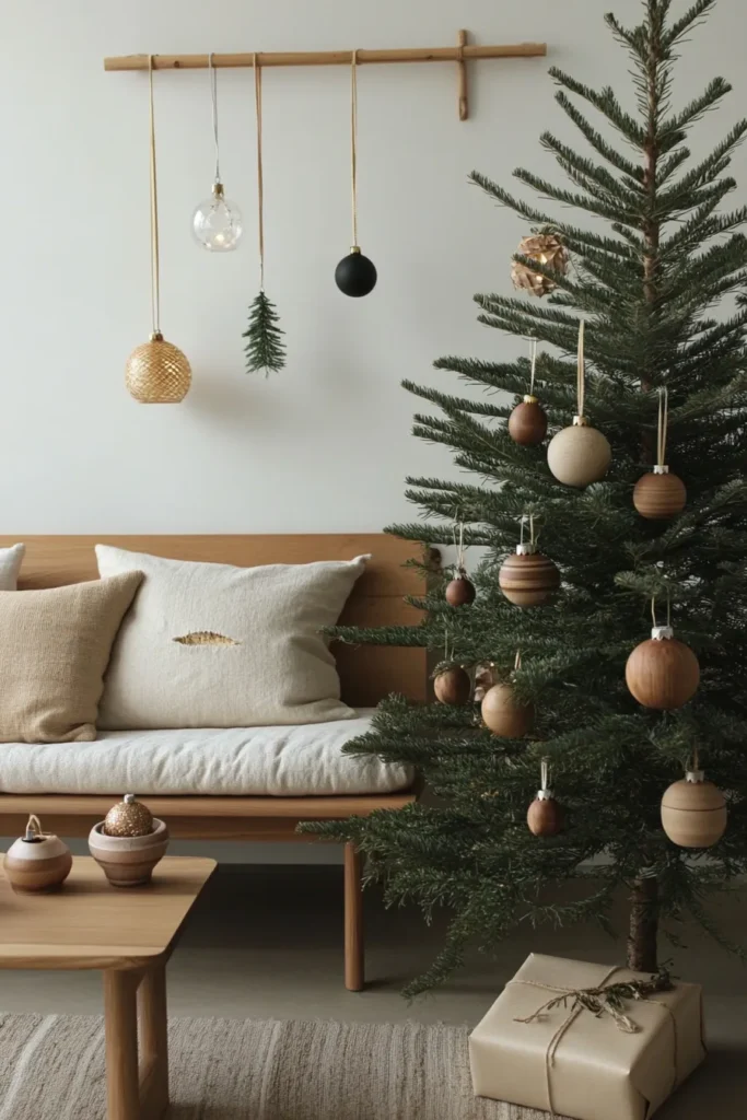 Serene living room with japandi christmas decor centered around a minimalist japandi christmas tree with organic elements