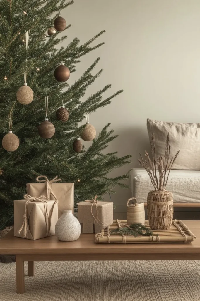 Serene living space showcasing japandi christmas decor including a simple japandi christmas tree and natural elements