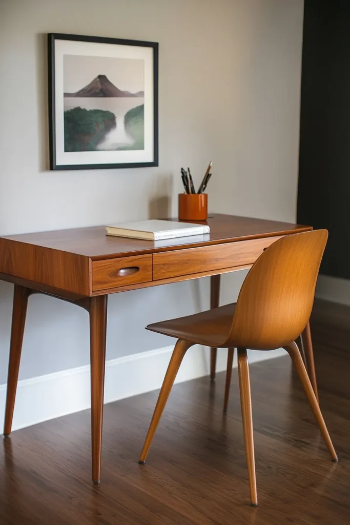 Serene mid century modern home office design with tapered desk and minimalist home office decor mid century modern