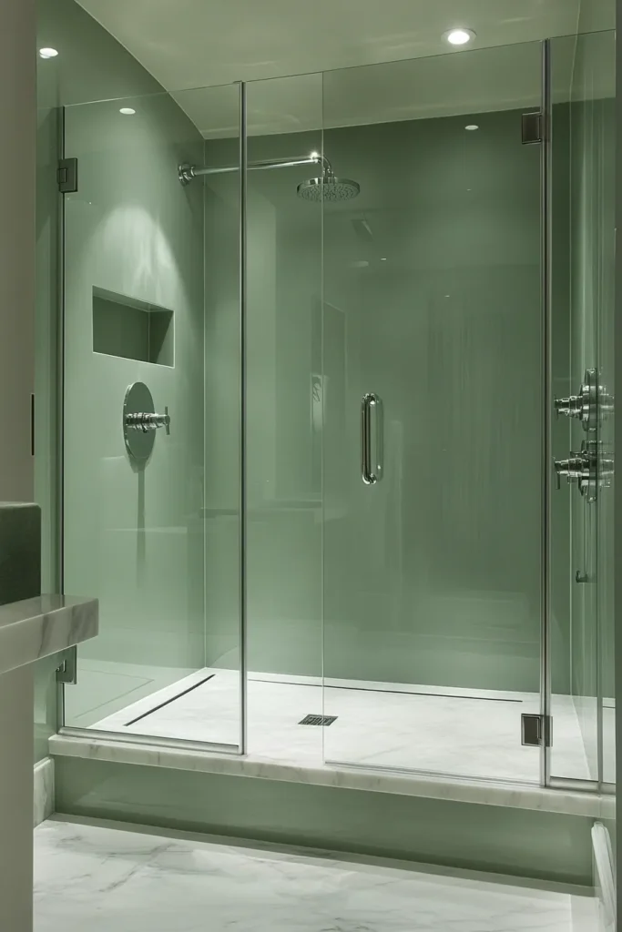 Serene sage green and blush bathroom featuring glass shower doors and chrome fixtures