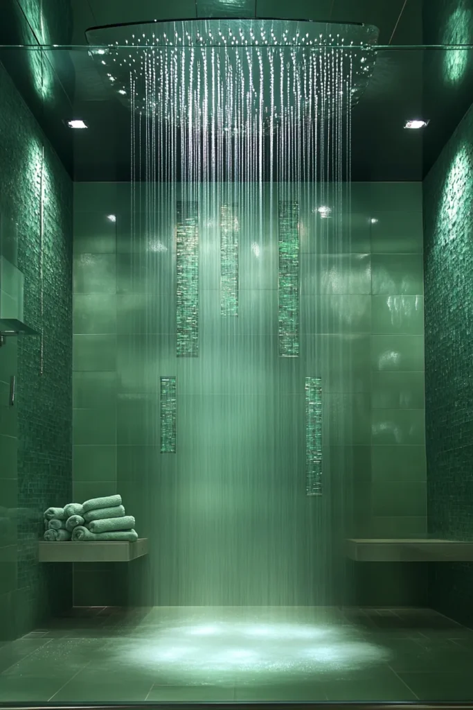 Serene sage green and blush bathroom with ceiling mounted rainfall showerhead and plush towels