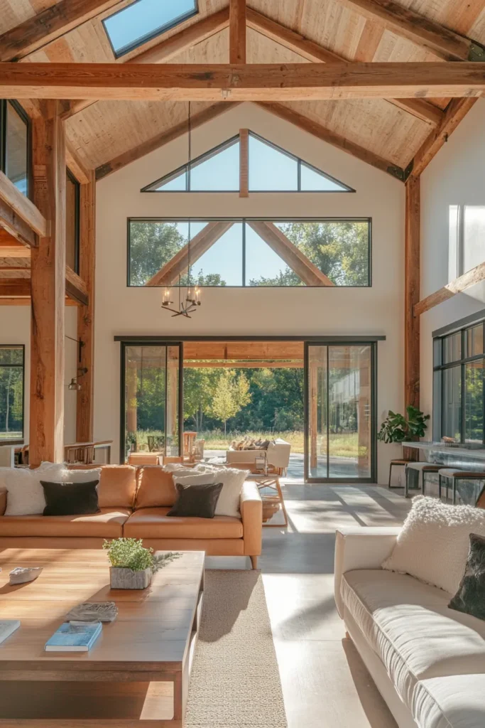 Simple barndominium interior ideas featuring warm wood beams and natural light creating a bright airy atmosphere