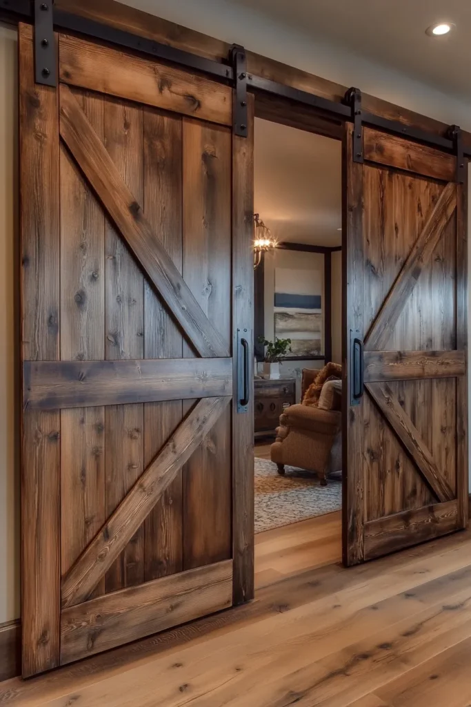 Simple barndominium interior ideas with large sliding doors and warm lighting creating cozy rustic atmosphere