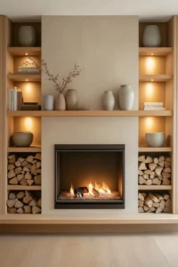 Sleek japandi living room fireplace japandi fireplace mantle adorned with ceramics and books in neutral color palette