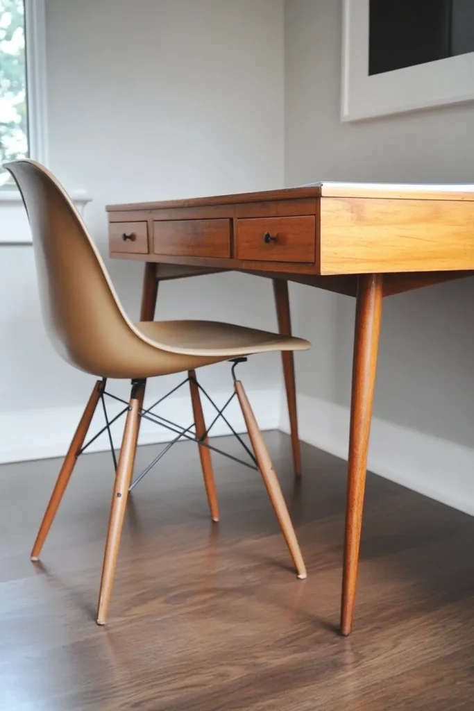 Sleek mid century modern home office with wooden desk and ergonomic chair for home office ideas mid century modern