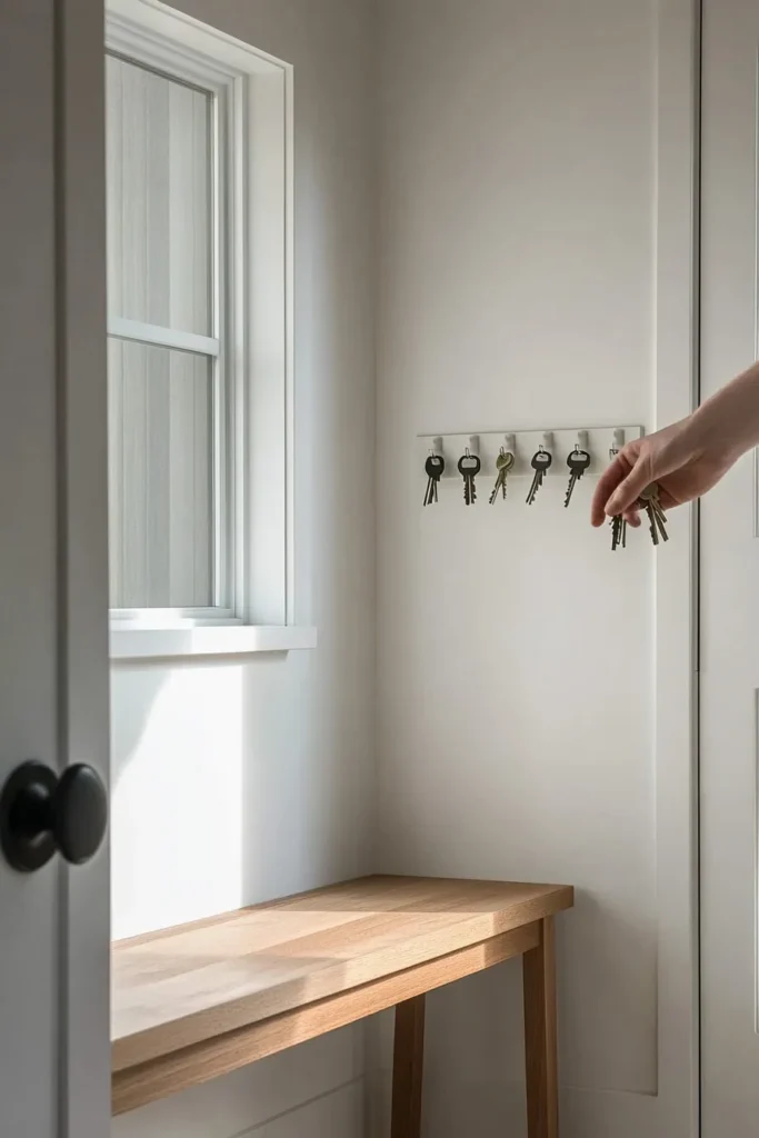 Sleek minimalist mudroom design featuring wall mounted key rack and coat hooks modern minimalist mudroom inspiration