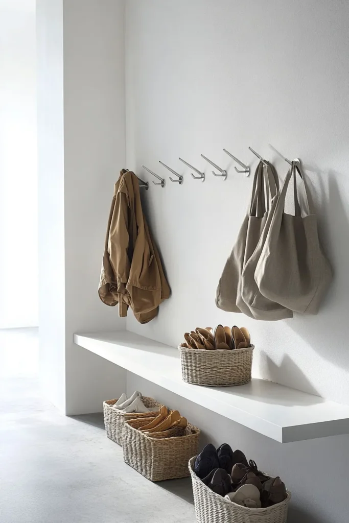 Sleek minimalist mudroom ideas featuring clean lines neutral tones and smart storage for a modern minimalist mudroom