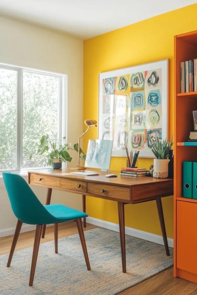 Small home office mid century modern setup with energizing colors wooden desk and bold orange bookshelf mid century modern home