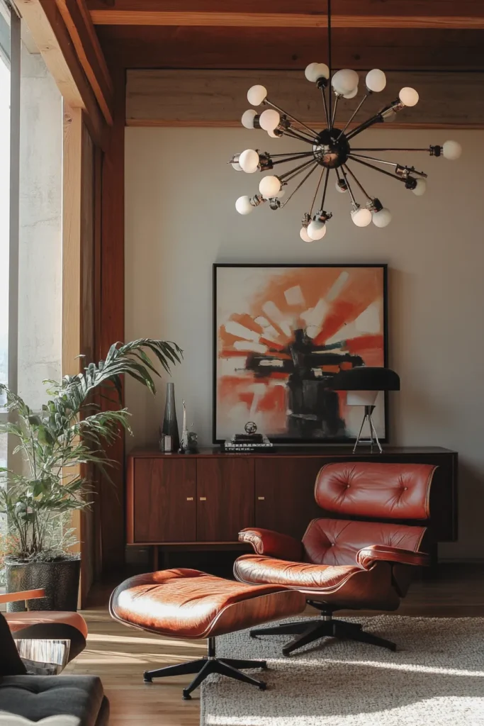 Sophisticated mid century modern apartment aesthetic showcased in a stylish apartment mid century modern living room