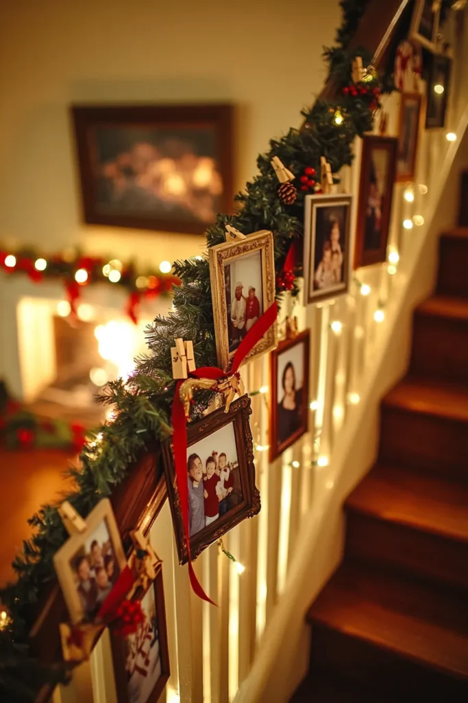 Staircase Christmas decor railings easy to create with photo displays and twinkling lights for personalized decor