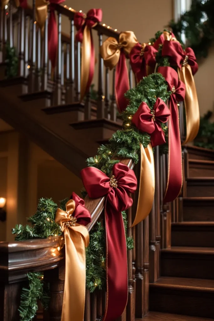 Staircase christmas decor railings adorned with ribbons and greenery cheap christmas staircase decor for holiday cheer