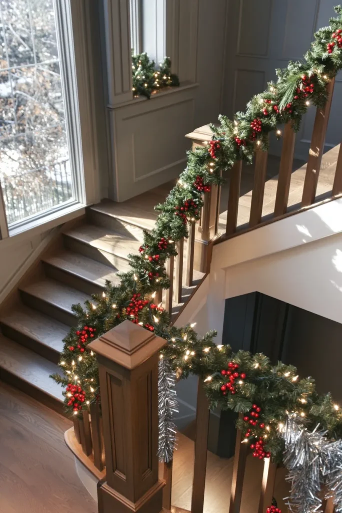 Staircase garland christmas ideas showcasing pine with red berries and sleek silver tinsel for various decor styles