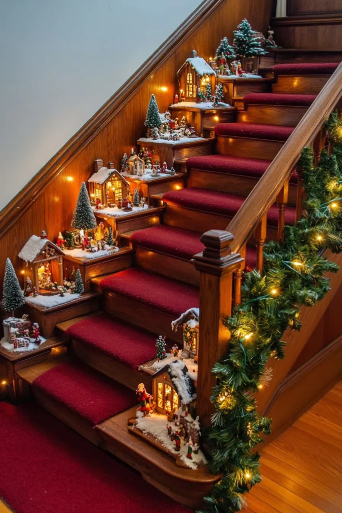 Storytelling staircase with easy christmas staircase decor scenes and warmly lit staircase christmas decor railings