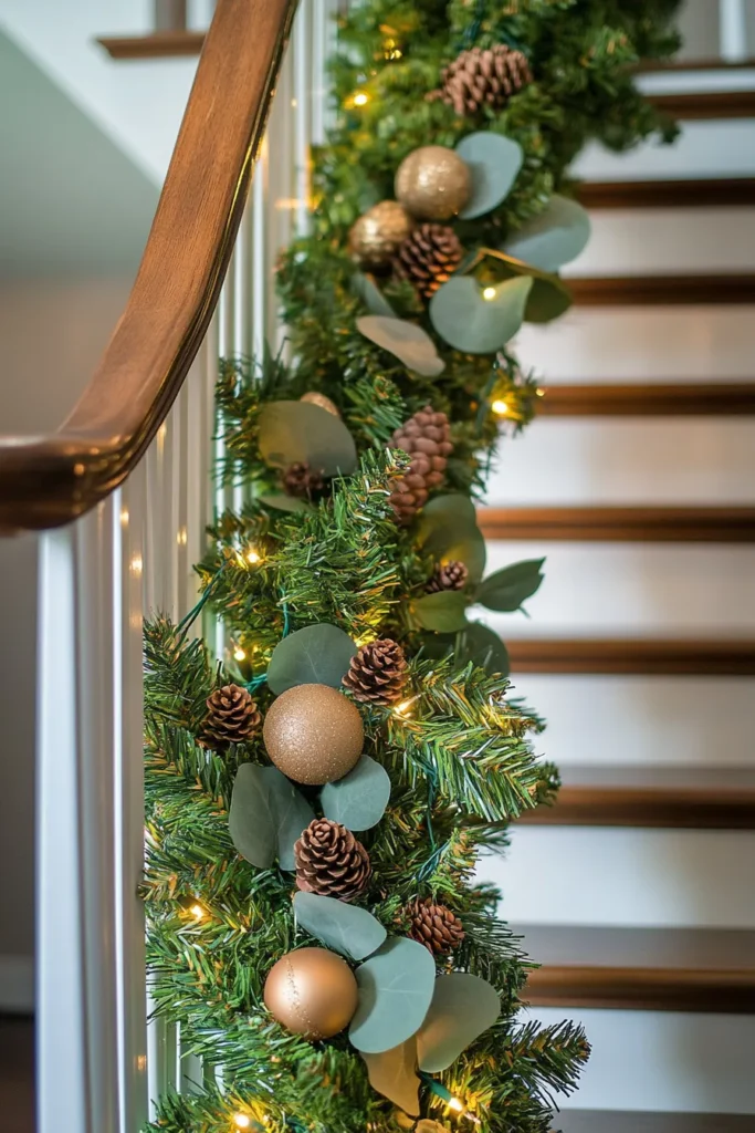 Stunning Christmas staircase garland with intertwined artificial and real greenery illuminated by warm lights