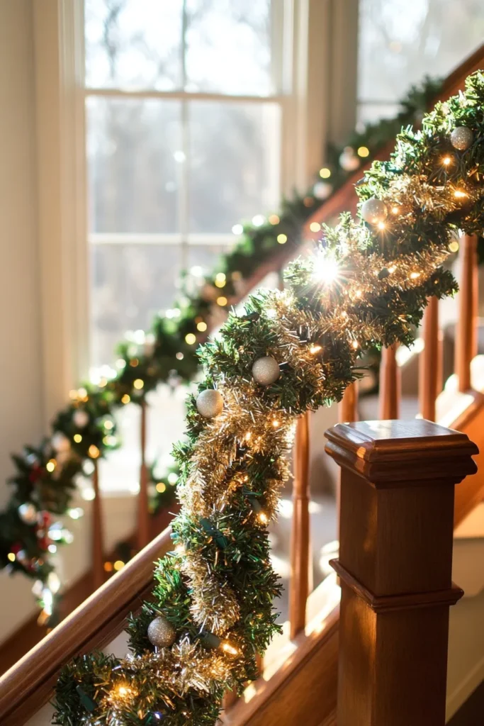 Stunning Christmas staircase garland with intertwined gold and silver tinsel creating magical sparkling effect