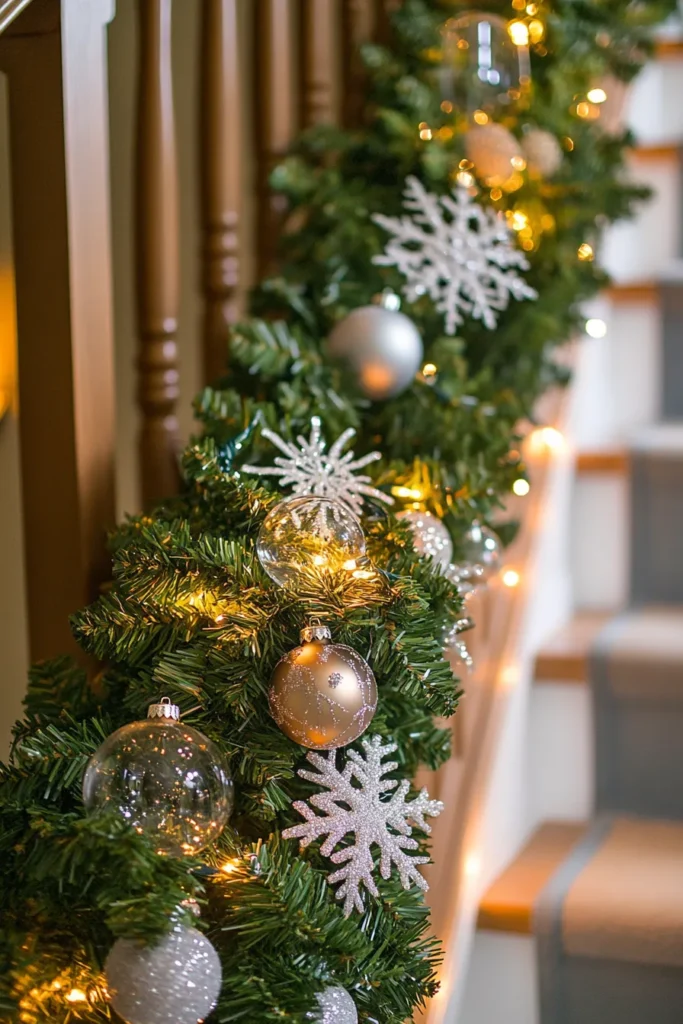 Stunning christmas staircase garland with evergreens lights and ornaments transforming the staircase into a dazzling diy christmas staircase garland display