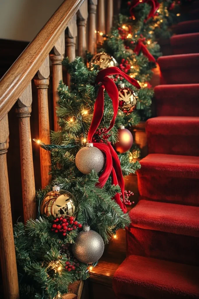 Stunning holiday staircase with easy Christmas staircase decor and staircase Christmas decor railings in red and gold