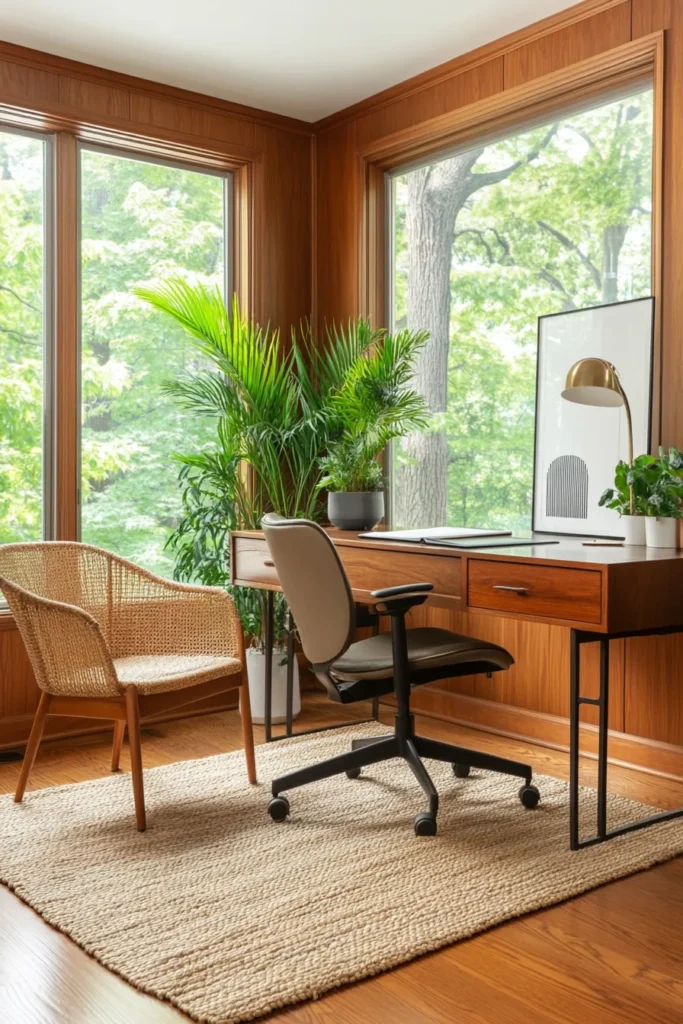 Stylish mid century modern home office ideas showcased in sunlit room with ergonomic furniture