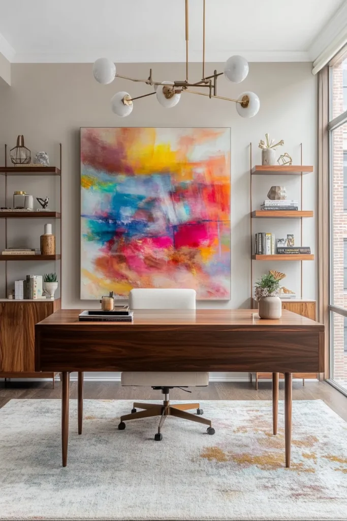 Stylish mid century modern home office with large abstract painting and sleek wooden desk home office decor mid century modern