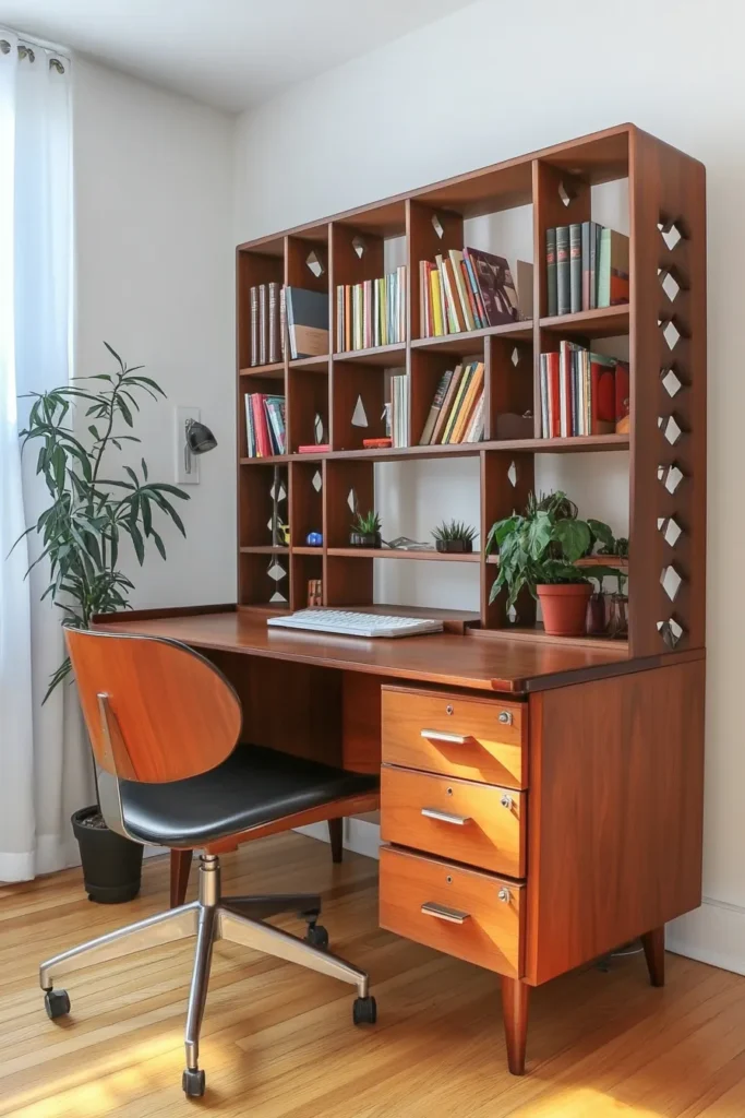 Stylish mid century modern home office with multifunctional furniture and warm wood tones for home office decor mid century modern