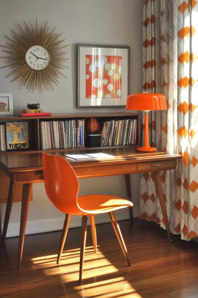 Stylish mid century modern home office with wooden desk Eames chair and vintage accessories