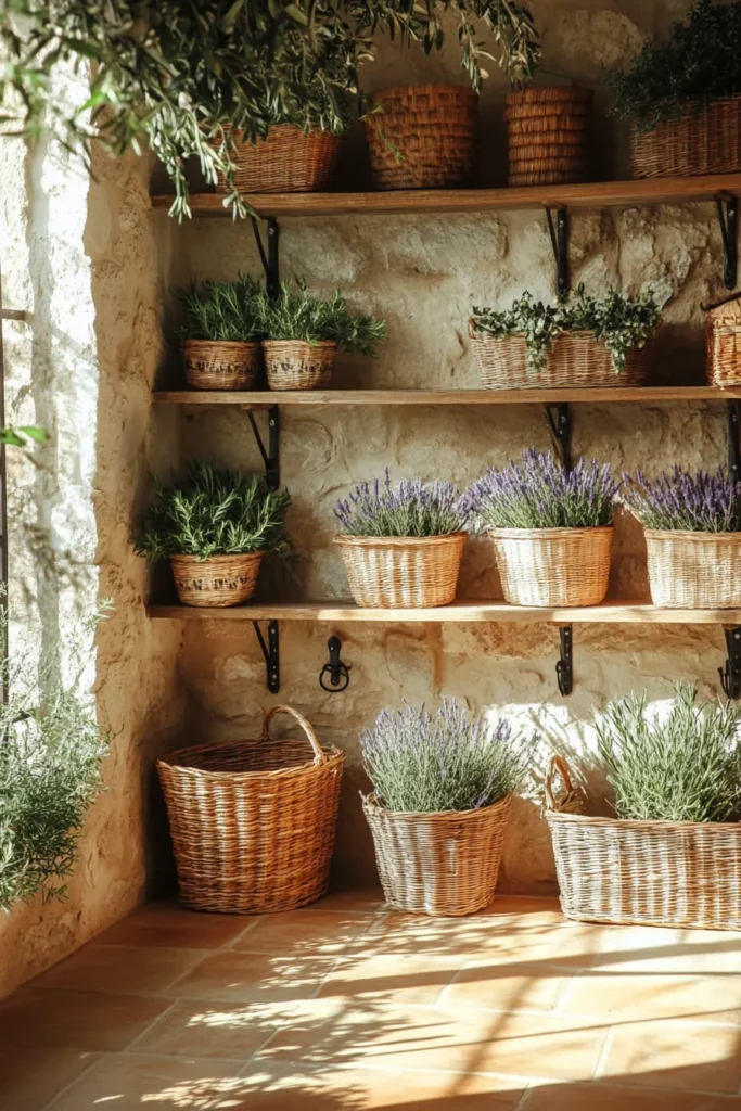 Sunlit French country mudroom featuring terracotta floors lavender and rosemary plants French country mudroom ideas