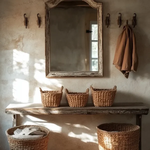 Sunlit French country mudroom with distressed wooden frame mirror and terracotta tiles