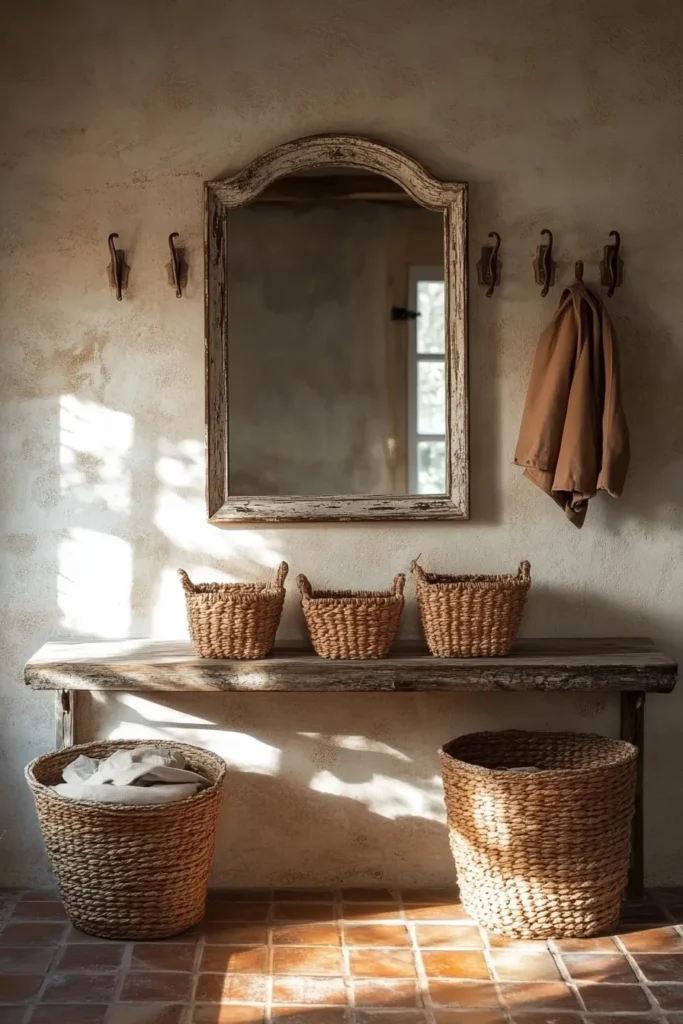 Sunlit French country mudroom with distressed wooden frame mirror and terracotta tiles