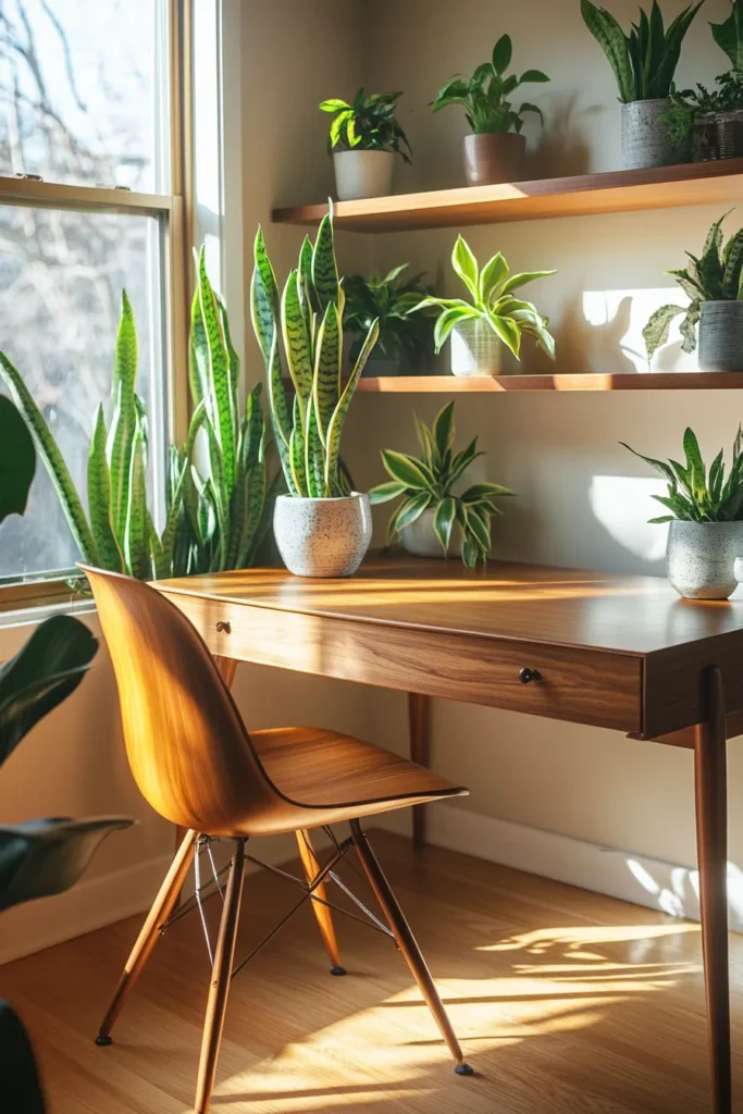 Sunlit home office mid century modern space with sleek desk floating shelves and lush plants for mid century modern home